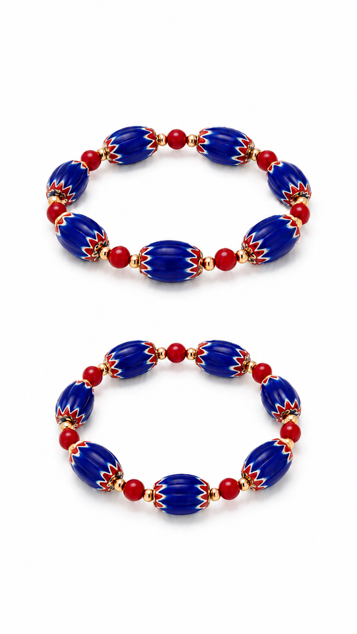 Two blue and red beaded bracelets made from chevron beads on a white background