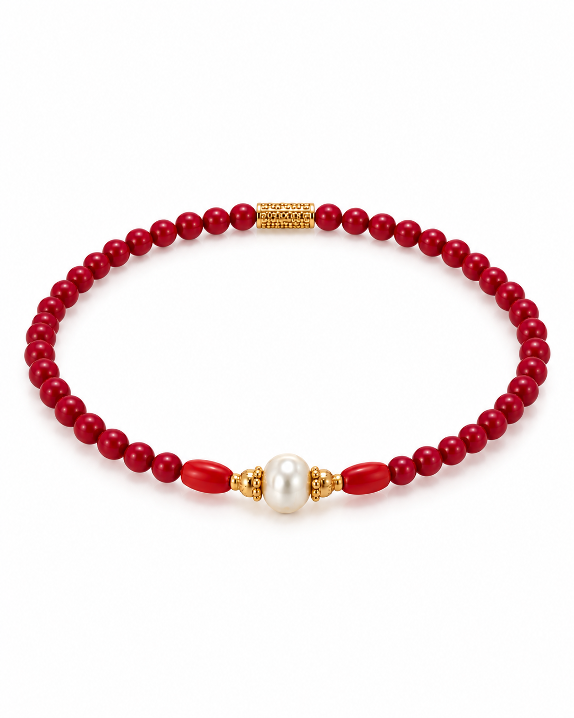 A beaded anklet featuring round red coral beads, a central white pearl, and gold-toned spacer details, displayed on a clean white background.