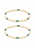 Two beaded stretch bracelets arranged vertically on a white background. The bracelets feature small cream-colored square beads, turquoise blue round beads, and tiny gold spacer beads.