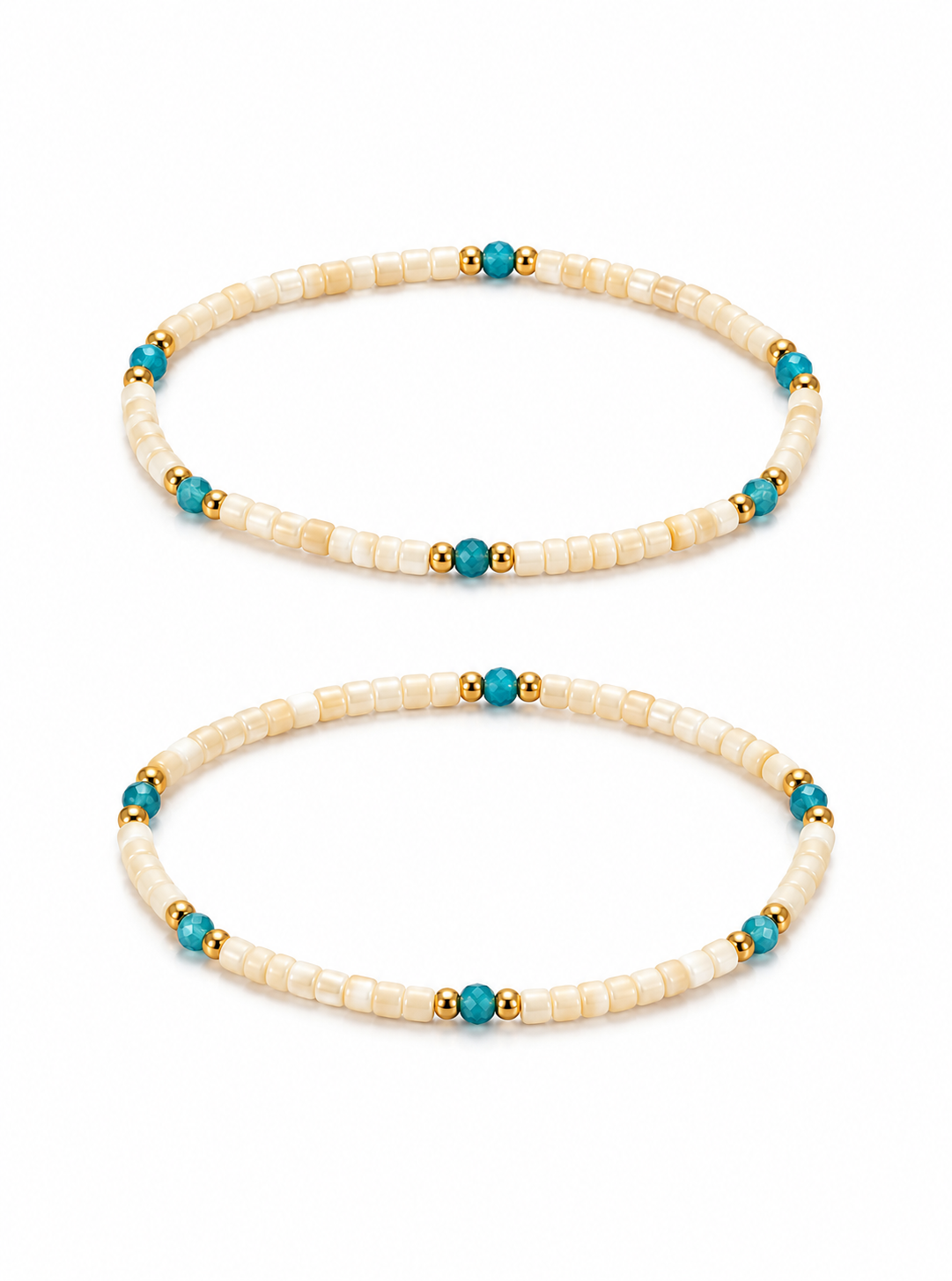 Two beaded stretch bracelets arranged vertically on a white background. The bracelets feature small cream-colored square beads, turquoise blue round beads, and tiny gold spacer beads.