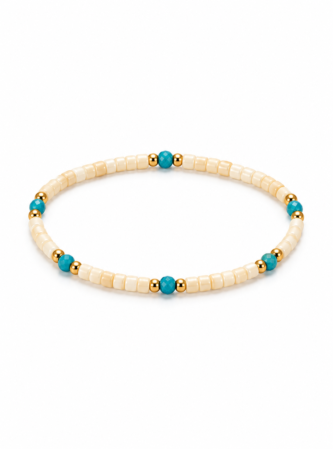 A beaded stretch bracelet featuring cream-colored rectangular beads, blue coral round beads, and small gold spacer beads, displayed on a clean white background.